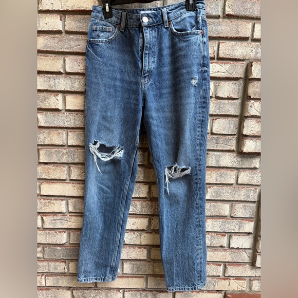 Zara Denim - Zara Jeans Womens Blue Denim Cotton High Rise Distressed Straight Leg Size 6
